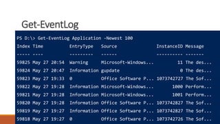 Get-EventLog
Where to learn more
How powershell is different
Really cool tricks
PS D:> Get-EventLog Application -Newest 100
Index Time EntryType Source InstanceID Message
----- ---- --------- ------ ---------- -------
59825 May 27 20:54 Warning Microsoft-Windows... 11 The des...
59824 May 27 20:47 Information gupdate 0 The des...
59823 May 27 19:33 0 Office Software P... 1073742727 The Sof...
59822 May 27 19:28 Information Microsoft-Windows... 1000 Perform...
59821 May 27 19:28 Information Microsoft-Windows... 1001 Perform...
59820 May 27 19:28 Information Office Software P... 1073742827 The Sof...
59819 May 27 19:27 Information Office Software P... 1073742827 The Sof...
59818 May 27 19:27 0 Office Software P... 1073742726 The Sof...
 