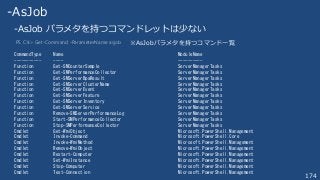 174
-AsJob
-AsJob パラメタを持つコマンドレットは少ない
PS C:¥> Get-Command -ParameterName asjob
CommandType Name ModuleName
----------- ---- ----------
Function Get-SMCounterSample ServerManagerTasks
Function Get-SMPerformanceCollector ServerManagerTasks
Function Get-SMServerBpaResult ServerManagerTasks
Function Get-SMServerClusterName ServerManagerTasks
Function Get-SMServerEvent ServerManagerTasks
Function Get-SMServerFeature ServerManagerTasks
Function Get-SMServerInventory ServerManagerTasks
Function Get-SMServerService ServerManagerTasks
Function Remove-SMServerPerformanceLog ServerManagerTasks
Function Start-SMPerformanceCollector ServerManagerTasks
Function Stop-SMPerformanceCollector ServerManagerTasks
Cmdlet Get-WmiObject Microsoft.PowerShell.Management
Cmdlet Invoke-Command Microsoft.PowerShell.Core
Cmdlet Invoke-WmiMethod Microsoft.PowerShell.Management
Cmdlet Remove-WmiObject Microsoft.PowerShell.Management
Cmdlet Restart-Computer Microsoft.PowerShell.Management
Cmdlet Set-WmiInstance Microsoft.PowerShell.Management
Cmdlet Stop-Computer Microsoft.PowerShell.Management
Cmdlet Test-Connection Microsoft.PowerShell.Management
※AsJobパラメタを持つコマンド一覧
 