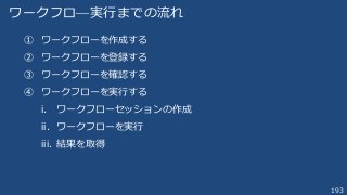 193
ワークフロ―実行までの流れ
① ワークフローを作成する
② ワークフローを登録する
③ ワークフローを確認する
④ ワークフローを実行する
i. ワークフローセッションの作成
ii. ワークフローを実行
iii. 結果を取得
 