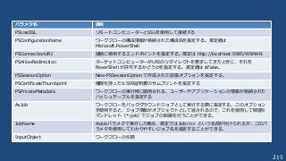 215
パラメタ名 意味
PSUseSSL リモートコンピューターとSSLを使用して接続する
PSConfigurationName ワークフローの構成情報が格納された構成名を指定する。規定値は
Microsoft.PowerShell
PSConnectionURI 接続に使用するエンドポイントを指定する。規定は http://localhost:5985/WSMAN
PSAllowRedirection ターゲットコンピューターがURIのリダイレクトを要求してきたときに、それを
PowerShell が許可するかどうかを指定する。規定値は $False。
PSSessionOption New-PSSessionOption で作成された拡張オプションを指定する。
PSCertificateThumbprint 権限を持ったX.509証明書のサムプリントを指定する
PSPrivateMetadata ワークフローの実行時に使用される、ユーザーやアプリケーションの情報が格納された
ハッシュテーブルを指定する
AsJob ワークフローをバックグラウンドジョブとして実行する際に指定する。このオプション
を使用すると、ジョブ情報がオブジェクトとして返されるので、これを使用して関連モ
マンドレット（*-job）でジョブの制御を行うことができる。
JobName AsJobパラメタで実行した場合、規定では Job<n> という名前が付けられるが、このパ
ラメタを使用してわかりやすいジョブ名を指定することができる。
InputObject ワークフローの引数
 