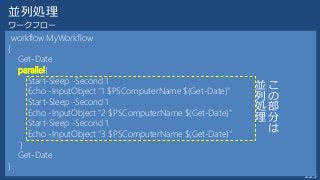 223
並列処理
workflow MyWorkflow
{
Get-Date
parallel{
Start-Sleep -Second 1
Echo -InputObject "1 $PSComputerName $(Get-Date)"
Start-Sleep -Second 1
Echo -InputObject "2 $PSComputerName $(Get-Date)"
Start-Sleep -Second 1
Echo -InputObject "3 $PSComputerName $(Get-Date)"
}
Get-Date
}
ワークフロー
こ
の
部
分
は
並
列
処
理
 