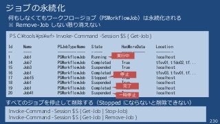 230
ジョブの永続化
何もしなくてもワークフロージョブ（PSWorkflowJob）は永続化される
※ Remove-Job しない限り消えない
PS C:¥tools¥ps¥wf> Invoke-Command -Session $S { Get-Job }
Id Name PSJobTypeName State HasMoreData Location
-- ---- ------------- ----- ----------- --------
1 Job1 PSWorkflowJob Running True localhost
14 Job7 PSWorkflowJob Completed True tfsv01,tfdc02,tf...
15 Job3 PSWorkflowJob Suspended True localhost
16 Job1 PSWorkflowJob Completed True tfsv03,tfsv01,tf...
17 Job15 PSWorkflowJob Stopped True localhost
18 Job1 PSWorkflowJob Suspended True localhost
19 Job1 PSWorkflowJob Completed True localhost
20 Job41 PSWorkflowJob Suspended True localhost一時停止
完了
実行中
停止
Invoke-Command -Session $S { Get-Job | Stop-Job}
Invoke-Command -Session $S { Get-Job | Remove-Job }
すべてのジョブを停止して削除する（Stopped にならないと削除できない）
 
