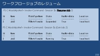 232
ワークフロージョブのレジューム
PS C:¥tools¥ps¥wf> Invoke-Command -Session $s {Resume-Job 2}
Id Name PSJobTypeName State HasMoreData Location
-- ---- ------------- ----- ----------- --------
2 Job3 PSWorkflowJob Suspended True localhost
PS C:¥tools¥ps¥wf> Invoke-Command -Session $s {Get-Job 2}
Id Name PSJobTypeName State HasMoreData Location
-- ---- ------------- ----- ----------- --------
2 Job3 PSWorkflowJob Running True localhost
 