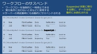 233
ワークフローのサスペンド
• ワークフローを強制的に一時停止できる
• 実行条件に合わないときなどに使用する
※サーバーの再起動時にも自動的にサスペンドされる
Suspended 状態に移行
する際に、データは自
動的に永続化される
PS C:¥tools¥ps¥wf> Invoke-Command -Session $s {get-job 2}
Id Name PSJobTypeName State HasMoreData Location
-- ---- ------------- ----- ----------- --------
2 Job3 PSWorkflowJob Running True localhost
PS C:¥tools¥ps¥wf> Invoke-Command -Session $s {Suspend-job 2}
Id Name PSJobTypeName State HasMoreData Location
-- ---- ------------- ----- ----------- --------
2 Job3 PSWorkflowJob Suspending True localhost
PS C:¥tools¥ps¥wf> Invoke-Command -Session $s {get-job 2}
Id Name PSJobTypeName State HasMoreData Location
-- ---- ------------- ----- ----------- --------
2 Job3 PSWorkflowJob Suspended True localhost
 