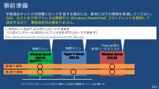 281
事前準備
Windows Server
2012 R2
(GUI使用サーバー)
Hyper-V Server
2012 R2
本勉強会キットの手順書に沿って学習する場合には、事前に以下の環境を準備してください。
なお、ホスト名やIPアドレスは演習中に Windows PowerShell コマンドレットを使用して
設定するので、事前設定は必要ありません。
物理マシン 物理マシン
Windows Server
2012 R2
Sysprep済の
仮想ハードディスク
いずれの OS も以下よりダウンロードできます
（OSがインストールされたVHDファイルもダウンロードできます）
http://technet.microsoft.com/ja-jp/evalcenter/dn205286.aspx
ライブマイグレーションを行う場合には2台の物理サーバーが必要です
第1部で使用
第2部で使用
 