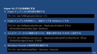 296
Hyper-Vレプリカを有効にする
① Hyper-V レプリカの設定値を確認する
② Hyper-V レプリカを有効にし、認証タイプを Kerberos にする
③ どんなサーバーからの複製も受け入れ、複製の保存先を D:¥VM に設定する
④ Windows Firewall の受信規則を確認する
PS C:¥> Get-VMReplicationServer | FL
PS C:¥> Set-VMReplicationServer -ReplicationEnabled $True
-AllowedAuthenticationType Kerberos
PS C:¥> Set-VMReplicationServer -ReplicationAllowedFromAnyServer $True
-DefaultStorageLocation D:¥VM
PS C:¥> Get-NetFirewallRule -Direction Inbound
 