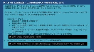 309
ゲスト OS の初期設定（この部分だけゲストOS側で実施します）
この演習では、ゲスト OS として Sysprep が適用された Windows Server 2012 R2 を使用しています。
※評価版ダウンロードサイトからダウンロードした「VHD」ファイル
そのため、リモート（Hyper-V ホスト）からの管理を有効にするには、Hyper-V マネージャーからゲス
ト OS 「VM01」に接続して、以下の操作を行う必要があります。
• OOBE セットアップ
• 言語の選択（規定値は英語です）
• 利用許諾への合意
• パスワードの設定（言語で En-US を選択した場合、キーボード配列は 101/102 となります。ご
注意ください）
パスワードとして P@ssw0rd を使用する場合、 101/102 キーボードの場合、「@」は [Shift] +
[2] となります。
• ゲストOSの PowerShell コンソールから以下を実行してリモーティングを有効化
• ゲストOS の PowerShell コンソールから ネットワーク探索を有効化
PS C:¥> Enable-PSRemoting -Force
PS C:¥> netsh advfirewall firewall set rule group=”network discovery” new enable=yes
 
