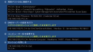 312
⑧ 再度ゲストOSに接続する
⑨ DNSサーバーの設定を行う
※ゲストOSのセッションに接続したまま実行します
⑩ コンピューター名を変更する
※ゲストOSのセッションに接続したまま実行します
⑪ セッションを閉じる
[192.168.0.100] :PS C:¥> Rename-Computer -NewName “HV01” -Force -Restart
PS C:¥> $User = “Administrator”
PS C:¥> $Pass = ConvertTo-SecureString “P@ssw0rd” -AsPlainText -Force
PS C:¥> $Cred = New-Object System.Management.Automation.PSCredential $user, $pass
PS C:¥> Enter-PSSession 192.168.0.100 -Credential $Cred
[192.168.0.100] :PS C:¥>
[192.168.0.100] PS C:¥>Set-DnsClientServerAddress -Interface 12 -ServerAddress 192.168.0.1
[192.168.0.100] :PS C:¥> Exit
PS C:¥>
 