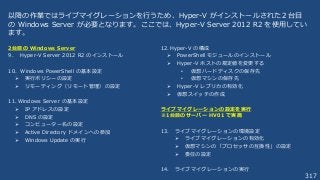 317
2台目の Windows Server
9. Hyper-V Server 2012 R2 のインストール
10. Windows PowerShell の基本設定
 実行ポリシーの設定
 リモーティング（リモート管理）の設定
11. Windows Server の基本設定
 IP アドレスの設定
 DNS の設定
 コンピューター名の設定
 Active Directory ドメインへの参加
 Windows Update の実行
12. Hyper-V の構成
 PowerShell モジュールのインストール
 Hyper-V ホストの規定値を変更する
• 仮想ハードディスクの保存先
• 仮想マシンの保存先
 Hyper-V レプリカの有効化
 仮想スイッチの作成
ライブマイグレーションの設定を実行
※1台目のサーバー HV01 で実施
13. ライブマイグレーションの環境設定
 ライブマイグレーションの有効化
 仮想マシンの「プロセッサの互換性」の設定
 委任の設定
14. ライブマイグレーションの実行
以降の作業ではライブマイグレーションを行うため、Hyper-V がインストールされた２台目
の Windows Server が必要となります。ここでは、Hyper-V Server 2012 R2 を使用してい
ます。
 