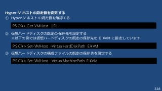 328
Hyper-V ホストの設定値を変更する
① Hyper-V ホストの規定値を確認する
② 仮想ハードディスクの既定の保存先を設定する
※以下の例では仮想ハードディスクの既定の保存先を E:¥VM に指定しています
③ 仮想ハードディスクの構成ファイルの既定の保存先を設定する
PS C:¥> Set-VMHost -VirtualHardDiskPath E:¥VM
PS C:¥> Set-VMHost -VirtualMachinePath E:¥VM
PS C:¥> Get-VMHost | FL
 