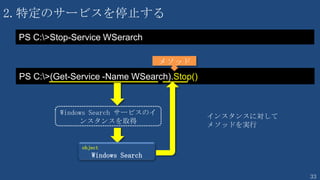 33
コマンドレットの戻り値
• コマンドレットの戻り値は“オブジェクト”である
• PowerShell はオブジェクトを操作する言語
• 戻り値を「どのように操作できるか」を知っていることが重要
• オブジェクトには「メソッド」と「プロパティ」が用意されている
戻り値を直接、”操作”することが可能
Get-Service サービス一覧
オブジェクト
stop()
 