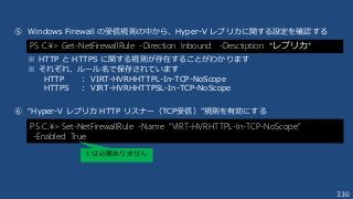 330
⑤ Windows Firewall の受信規則の中から、Hyper-V レプリカに関する設定を確認する
※ HTTP と HTTPS に関する規則が存在することがわかります
※ それぞれ、ルール名で保存されています
HTTP ： VIRT-HVRHHTTPL-In-TCP-NoScope
HTTPS ： VIRT-HVRHHTTPSL-In-TCP-NoScope
⑥ “Hyper-V レプリカ HTTP リスナー（TCP受信）”規則を有効にする
PS C:¥> Get-NetFirewallRule -Direction Inbound -Desctiption *レプリカ*
PS C:¥> Set-NetFirewallRule -Name “VIRT-HVRHTTPL-In-TCP-NoScope”
-Enabled True
$ は必要ありません
 