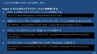 334
ここからの作業は HV01 上から実行します。
Hyper-V ホストのライブマイグレーションを有効にする
① HV01 と HV02 のライブマイグレーションを有効にする
② 任意のネットワークカードを使用してライブマイグレーションを受信できるようにする
③ パフォーマンスオプションを「圧縮」モードに設定する
④ ライブマイグレーションの認証プロトコルを「Kerberos」に設定する
PS C:¥> Enable-VMMigration -ComputerName HV01, HV02
Set-VMHost -ComputerName HV01, HV02 -UseAnyNetworkForMigration $True
Set-VMHost -ComputerName HV01, HV02 -VirtualMachineMigrationAuthenticationType
Kerberos
Set-VMHost -ComputerName HV01, HV02 -VirtualMachineMigrationPerformanceOption
Compression
 