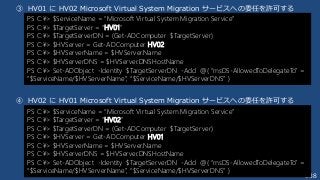 338
③ HV01 に HV02 Microsoft Virtual System Migration サービスへの委任を許可する
④ HV02 に HV01 Microsoft Virtual System Migration サービスへの委任を許可する
PS C:¥> $ServiceName = “Microsoft Virtual System Migration Service”
PS C:¥> $TargetServer = “HV01”
PS C:¥> $TargetServerDN = (Get-ADComputer $TargetServer)
PS C:¥> $HVServer = Get-ADComputer HV02
PS C:¥> $HVServerName = $HVServer.Name
PS C:¥> $HVServerDNS = $HVServer.DNSHostName
PS C:¥> Set-ADObject -Identity $TargetServerDN -Add @{ “msDS-AllowedToDelegateTo” =
“$ServiceName/$HVServerName”, “$ServiceName/$HVServerDNS” }
PS C:¥> $ServiceName = “Microsoft Virtual System Migration Service”
PS C:¥> $TargetServer = “HV02”
PS C:¥> $TargetServerDN = (Get-ADComputer $TargetServer)
PS C:¥> $HVServer = Get-ADComputer HV01
PS C:¥> $HVServerName = $HVServer.Name
PS C:¥> $HVServerDNS = $HVServer.DNSHostName
PS C:¥> Set-ADObject -Identity $TargetServerDN -Add @{ “msDS-AllowedToDelegateTo” =
“$ServiceName/$HVServerName”, “$ServiceName/$HVServerDNS” }
 