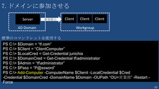 49
3.ネットワーク情報を取得する
PS C:¥> Get-NetAdapter | FL Name, InterfaceIndex, MacAddress
PS C:¥> Get-NetIPAddress -InterfaceIndex 28 -AddressFamily IPv4
ネットワークアダプタの一覧
IP アドレスの取得
Format-List の略
 