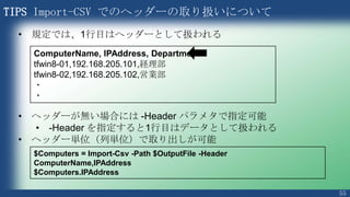 55
明示的に宣言することも可能
PS > [System.Int32] $A = 1
PS > [System.String] $B = “abc”
PS > [System.Array] $C = “今年は”, 2012, “年です”
PS > $A = 987.654
PS > $A
988
PS > $A = “Hello”
Cannot convert value "Hello" to type "System.Int32“
PS > [System.String] $A = “Hello”
明に宣言すると自動変換はできない
Int32 にキャストされる
0: 今年は
1: 2012
2: 年です
[System.String]
[System.Int32]
[System.String]
 