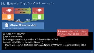 68
PS C:¥> $ClientName = “ClientName”
PS C:¥> $Cred = Get-Credential
PS C:¥> $New_ClientName = “New_ClientName”
PS C:¥> $SysInfo = Get-WmiObject -Class Win32_ComputerSystem
-ComputerName $ClientName -Credential $Cred
PS C:¥> $SysInfo.Rename($New_ClientName)
PS C:¥> Restart-Computer -ComputerName $ClientName -Credential $cred -Force
WMI を使用する
Server Client変更
WMI
 