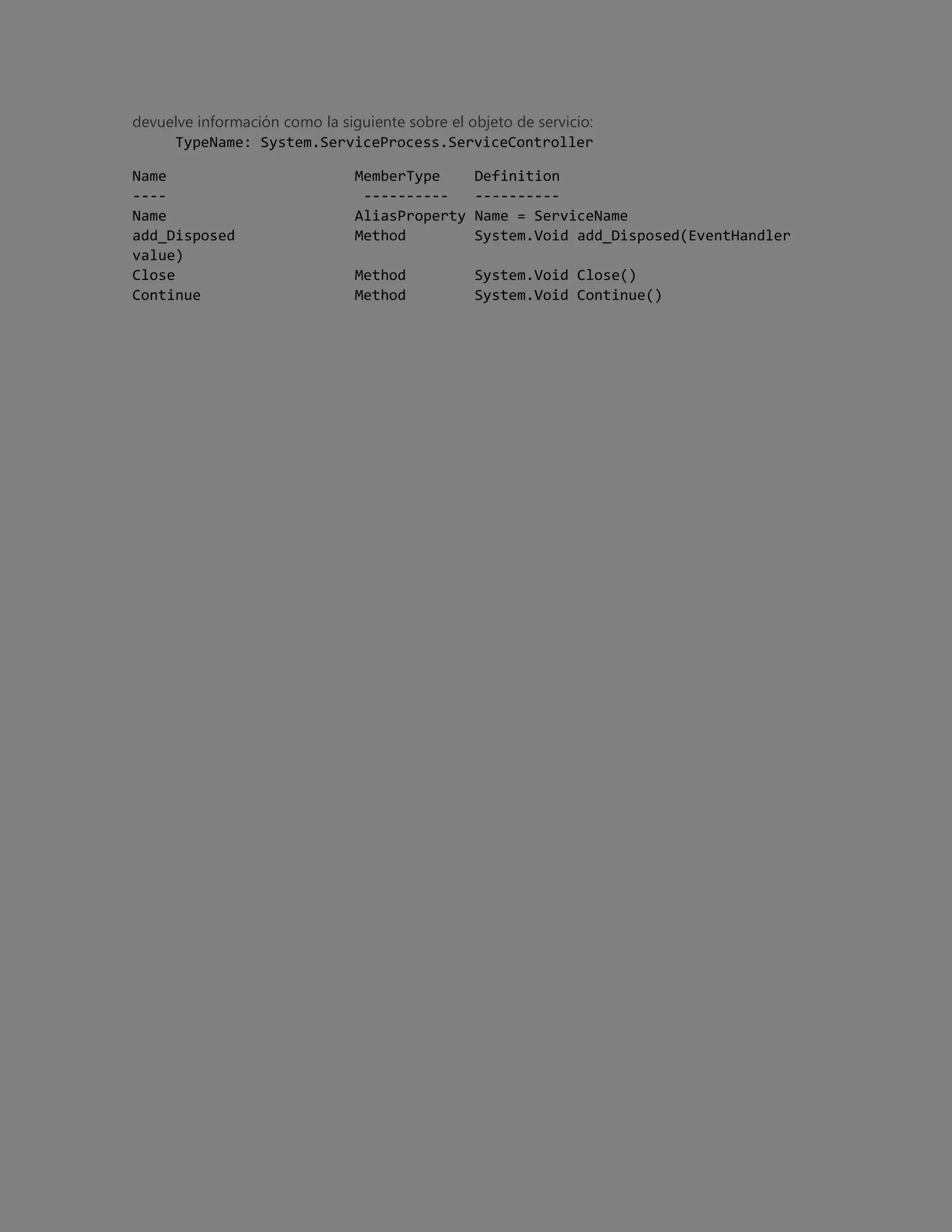 devuelve información como la siguiente sobre el objeto de servicio:
TypeName: System.ServiceProcess.ServiceController
Name
---Name
add_Disposed
value)
Close
Continue

MemberType
---------AliasProperty
Method

Definition
---------Name = ServiceName
System.Void add_Disposed(EventHandler

Method
Method

System.Void Close()
System.Void Continue()

 