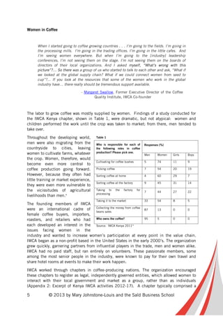 5 © 2013 by Mary Johnstone-Louis and the Saïd Business School
Women in Coffee
When I started going to coffee growing countries . . . I’m going to the fields. I’m going in
the processing mills. I’m going in the trading offices. I’m going in the little cafes. And
I’m seeing women everywhere. But when I’m going to the [industry] leadership
conferences, I’m not seeing them on the stage. I’m not seeing them on the boards of
directors of their local organizations. And I asked myself, “What’s wrong with this
picture”?… So there was a group of us who started to talk to each other and ask, “What if
we looked at the global supply chain? What if we could connect women from seed to
cup”?... If you look at the resources that some of the women who work in the global
industry have… there really should be tremendous support available.
- Margaret Swallow, Former Executive Director of the Coffee
Quality Institute, IWCA Co-founder
The labor to grow coffee was mostly supplied by women. Findings of a study conducted for
the IWCA Kenya chapter, shown in Table 1, were dramatic, but not atypical: women and
children performed the work until the crop was taken to market; from there, men tended to
take over.
Throughout the developing world,
men were also migrating from the
countryside to cities, leaving
women to cultivate farms, whatever
the crop. Women, therefore, would
become even more central to
coffee production going forward.
However, because they often had
little training or market experience,
they were even more vulnerable to
the vicissitudes of agricultural
livelihoods than men.v
The founding members of IWCA
were an international cadre of
female coffee buyers, importers,
roasters, and retailers who had
each developed an interest in the
issues facing women in the
industry and wanted to increase women’s participation at every point in the value chain.
IWCA began as a non-profit based in the United States in the early 2000’s. The organization
grew quickly, garnering partners from influential players in the trade, men and women alike.
IWCA had no paid staff, but ran entirely on volunteers. These passionate members, some
among the most senior people in the industry, were known to pay for their own travel and
share hotel rooms at events to make their work happen.
IWCA worked through chapters in coffee-producing nations. The organization encouraged
these chapters to register as legal, independently governed entities, which allowed women to
interact with their local government and market as a group, rather than as individuals
(Appendix 2: Excerpt of Kenya IWCA activities 2012-17). A chapter typically comprised a
Table 1
Who is responsible for each of
the following roles in coffee
production? Please pick one.
Responses (%)
Men Women Girls Boys
Cultivating for coffee bushes 5 74 11 9
Picking coffee 7 54 20 19
Sorting coffee at home 4 60 29 7
Sorting coffee at the factory 9 45 31 14
Taking to the factory for
processing
7 44 27 22
Taking it to the market 33 54 8 5
Collecting the money from coffee
beans sales
87 13 0 0
Who owns the coffee? 95 5 0 0
Source: IWCA Kenya 2011iv
 