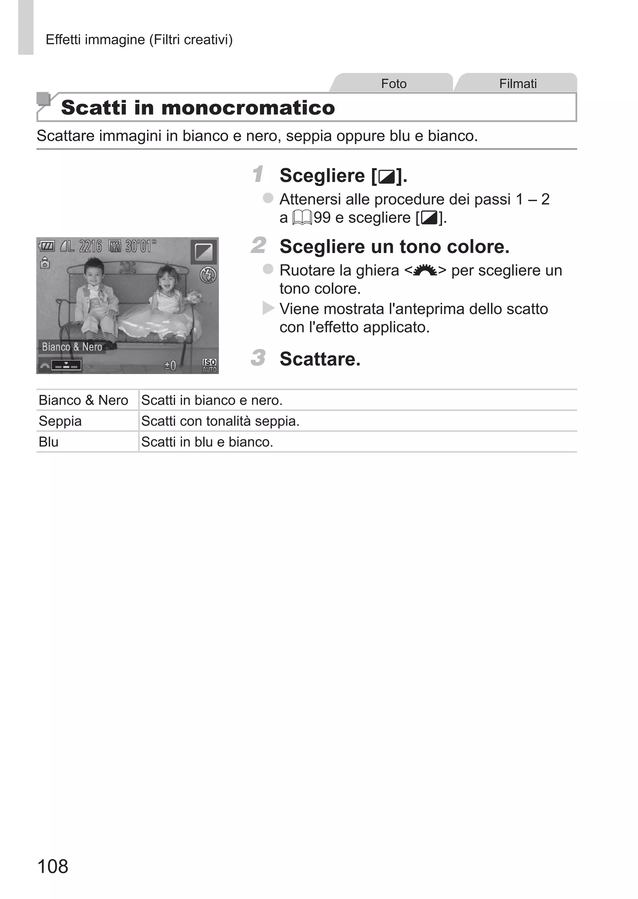 108
Effetti immagine (Filtri creativi)
Foto Filmati
Scatti in monocromatico
Scattare immagini in bianco e nero, seppia oppure blu e bianco.
1	 Scegliere [ ].
zz Attenersi alle procedure dei passi 1 – 2
a = 99 e scegliere [ ].
2	 Scegliere un tono colore.
zz Ruotare la ghiera z per scegliere un
tono colore.
XX Viene mostrata l'anteprima dello scatto
con l'effetto applicato.
3	 Scattare.
Bianco  Nero Scatti in bianco e nero.
Seppia Scatti con tonalità seppia.
Blu Scatti in blu e bianco.
 