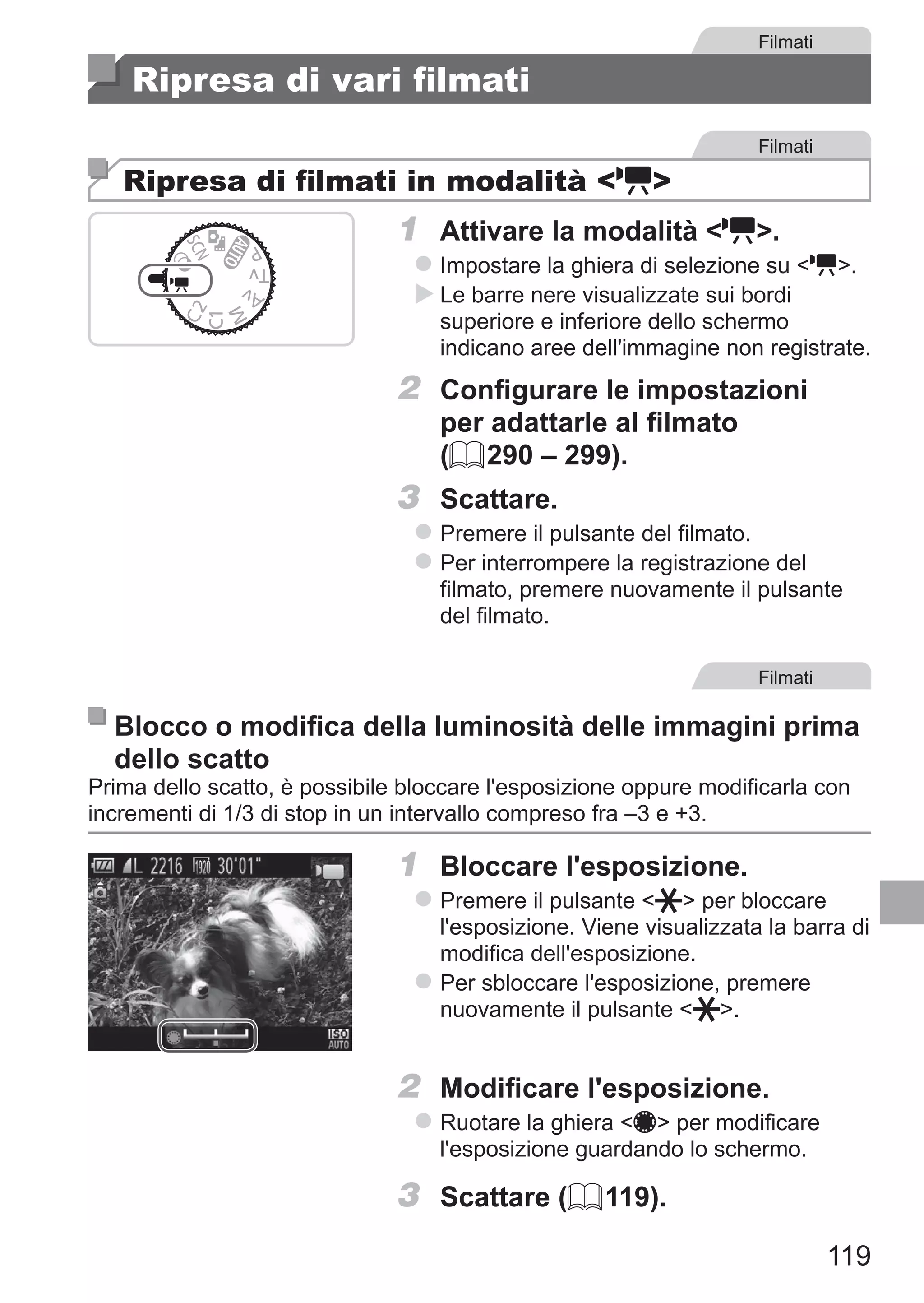 119
Filmati
Ripresa di vari filmati
Filmati
Ripresa di filmati in modalità E
1	 Attivare la modalità E.
zz Impostare la ghiera di selezione su E.
XX Le barre nere visualizzate sui bordi
superiore e inferiore dello schermo
indicano aree dell'immagine non registrate.
2	 Configurare le impostazioni
per adattarle al filmato
(= 290 – 299).
3	 Scattare.
zz Premere il pulsante del filmato.
zz Per interrompere la registrazione del
filmato, premere nuovamente il pulsante
del filmato.
Filmati
Blocco o modifica della luminosità delle immagini prima
dello scatto
Prima dello scatto, è possibile bloccare l'esposizione oppure modificarla con
incrementi di 1/3 di stop in un intervallo compreso fra –3 e +3.
1	 Bloccare l'esposizione.
zz Premere il pulsante   per bloccare
l'esposizione. Viene visualizzata la barra di
modifica dell'esposizione.
zz Per sbloccare l'esposizione, premere
nuovamente il pulsante  .
2	 Modificare l'esposizione.
zz Ruotare la ghiera 7 per modificare
l'esposizione guardando lo schermo.
3	 Scattare (= 119).
 
