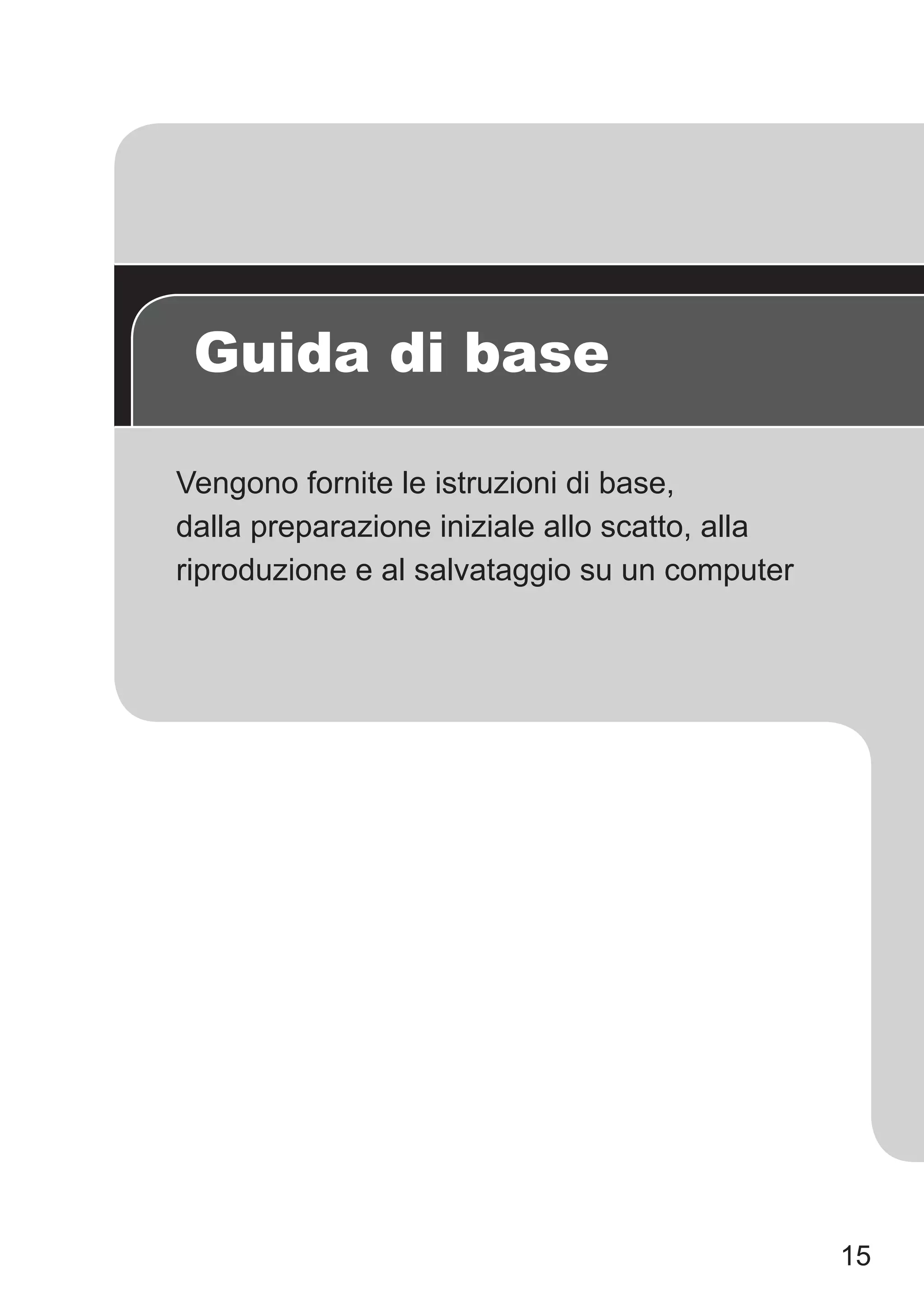 15
Guida di base
Vengono fornite le istruzioni di base,
dalla preparazione iniziale allo scatto, alla
riproduzione e al salvataggio su un computer
 