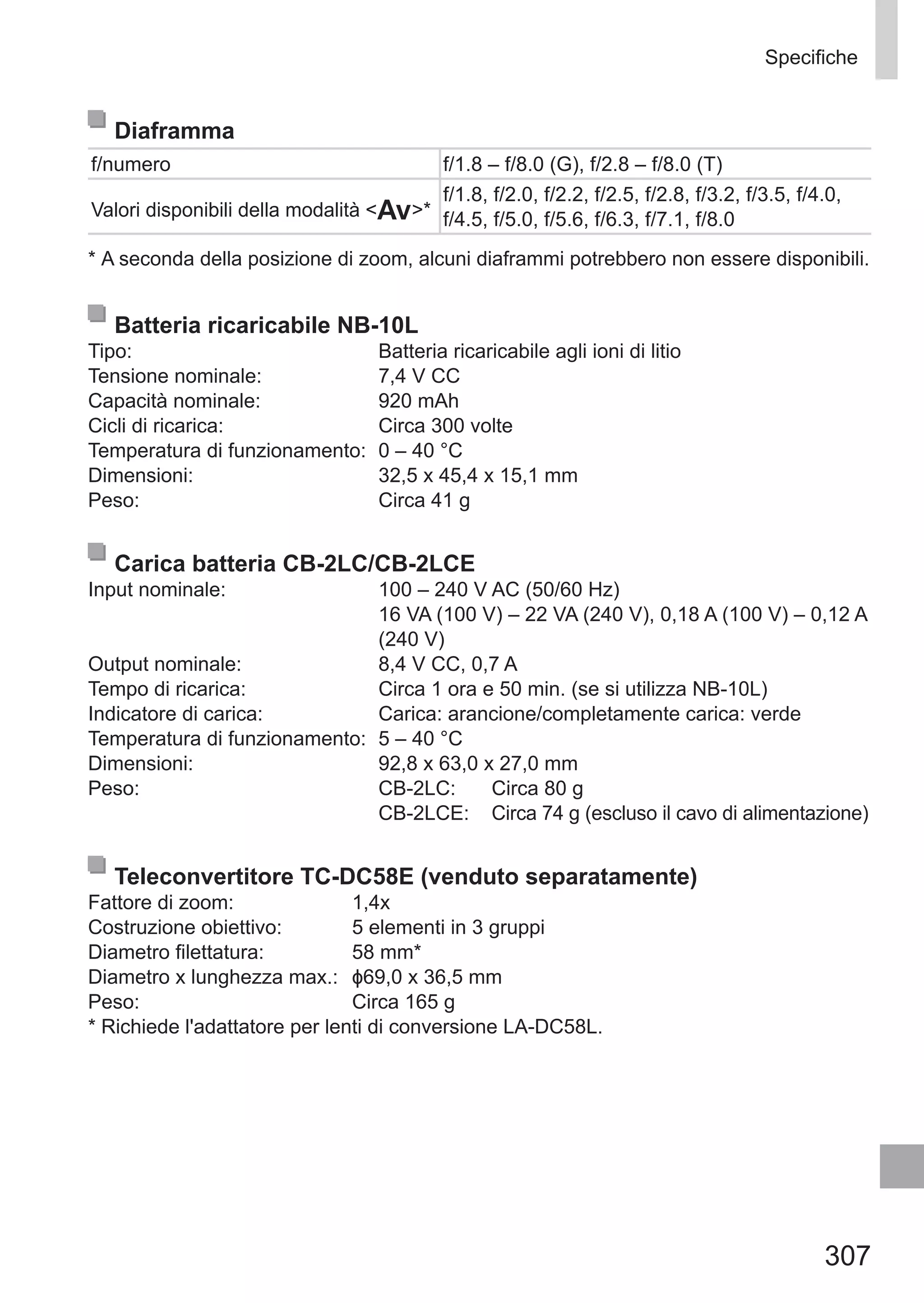 307
Specifiche
Diaframma
f/numero f/1.8 – f/8.0 (G), f/2.8 – f/8.0 (T)
Valori disponibili della modalità B*
f/1.8, f/2.0, f/2.2, f/2.5, f/2.8, f/3.2, f/3.5, f/4.0,
f/4.5, f/5.0, f/5.6, f/6.3, f/7.1, f/8.0
*	A seconda della posizione di zoom, alcuni diaframmi potrebbero non essere disponibili.
Batteria ricaricabile NB-10L
Tipo:	 Batteria ricaricabile agli ioni di litio
Tensione nominale:	 7,4 V CC
Capacità nominale:	 920 mAh
Cicli di ricarica:	 Circa 300 volte
Temperatura di funzionamento:	 0 – 40 °C
Dimensioni:	 32,5 x 45,4 x 15,1 mm
Peso:	 Circa 41 g
Carica batteria CB-2LC/CB-2LCE
Input nominale:	100 – 240 V AC (50/60 Hz)
16 VA (100 V) – 22 VA (240 V), 0,18 A (100 V) – 0,12 A
(240 V)
Output nominale:	 8,4 V CC, 0,7 A
Tempo di ricarica:	 Circa 1 ora e 50 min. (se si utilizza NB-10L)
Indicatore di carica:	 Carica: arancione/completamente carica: verde
Temperatura di funzionamento:	 5 – 40 °C
Dimensioni:	 92,8 x 63,0 x 27,0 mm
Peso:	CB-2LC:	 Circa 80 g
CB-2LCE:	Circa 74 g (escluso il cavo di alimentazione)
Teleconvertitore TC-DC58E (venduto separatamente)
Fattore di zoom:	 1,4x
Costruzione obiettivo:	 5 elementi in 3 gruppi
Diametro filettatura:	 58 mm*
Diametro x lunghezza max.:	 ɸ69,0 x 36,5 mm
Peso:	 Circa 165 g
*	Richiede l'adattatore per lenti di conversione LA-DC58L.
 