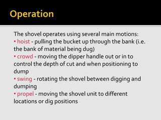 The shovel operates using several main motions:
• hoist - pulling the bucket up through the bank (i.e.
the bank of material being dug)
• crowd - moving the dipper handle out or in to
control the depth of cut and when positioning to
dump
• swing - rotating the shovel between digging and
dumping
• propel - moving the shovel unit to different
locations or dig positions
 