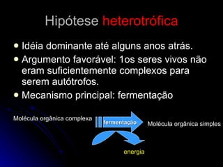 Hipótese  heterotrófica Idéia dominante até alguns anos atrás. Argumento favorável: 1os seres vivos não eram suficientemente complexos para serem autótrofos. Mecanismo principal: fermentação Molécula orgânica complexa   fermentação Molécula orgânica simples energia 