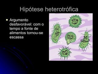 Hipótese heterotrófica Argumento desfavorável: com o tempo a fonte de alimentos tornou-se escassa 