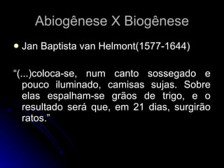 Jan Baptista van Helmont(1577-1644) “ (...)coloca-se, num canto sossegado e pouco iluminado, camisas sujas. Sobre elas espalham-se grãos de trigo, e o resultado será que, em 21 dias, surgirão ratos.” Abiogênese X Biogênese 