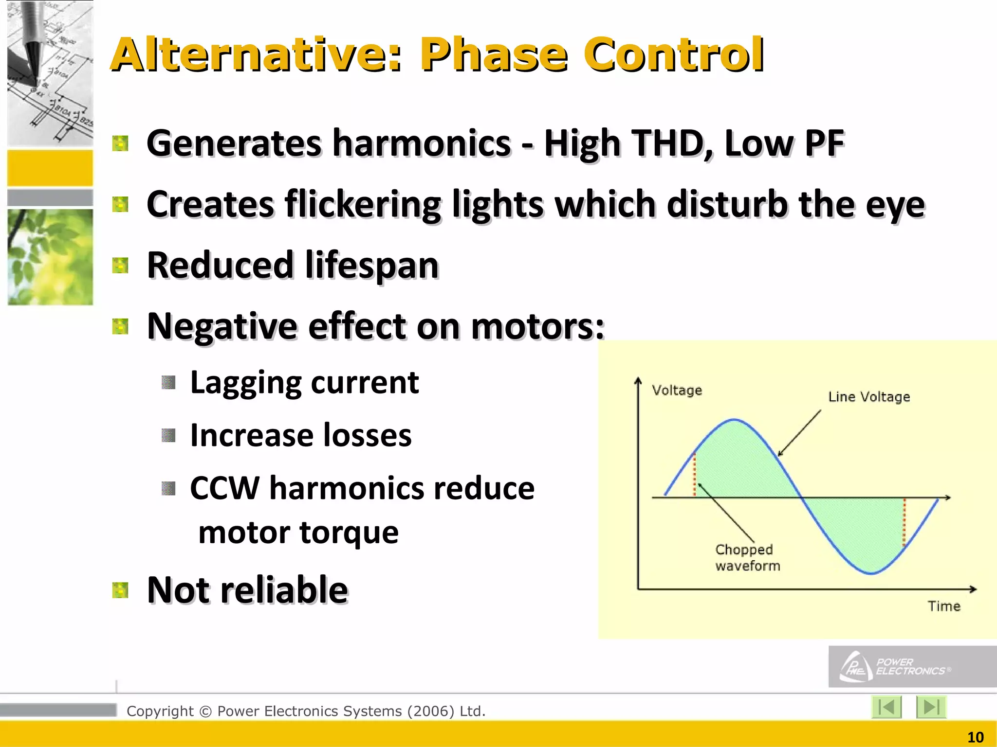 Alternative: Phase Control  Generates harmonics - High THD, Low PF Creates flickering lights which disturb the eye Reduced lifespan Negative effect on motors: Lagging current  Increase losses  CCW harmonics reduce  motor torque Not reliable 