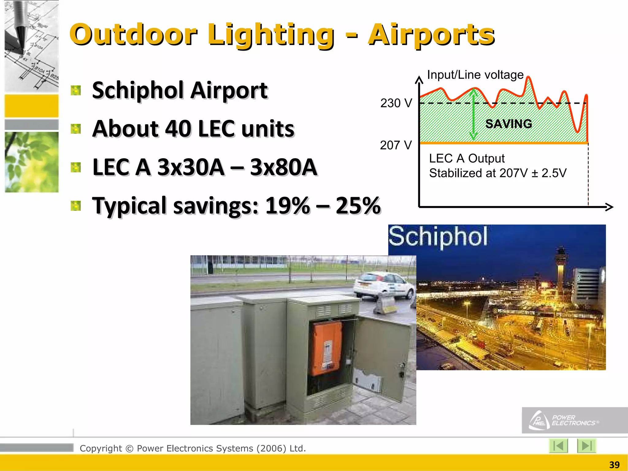 Outdoor Lighting - Airports Schiphol Airport  About 40 LEC units  LEC A 3x30A – 3x80A  Typical savings: 19% – 25%  230 V LEC A Output Stabilized at 207V ± 2.5V  207 V Input/Line voltage SAVING 