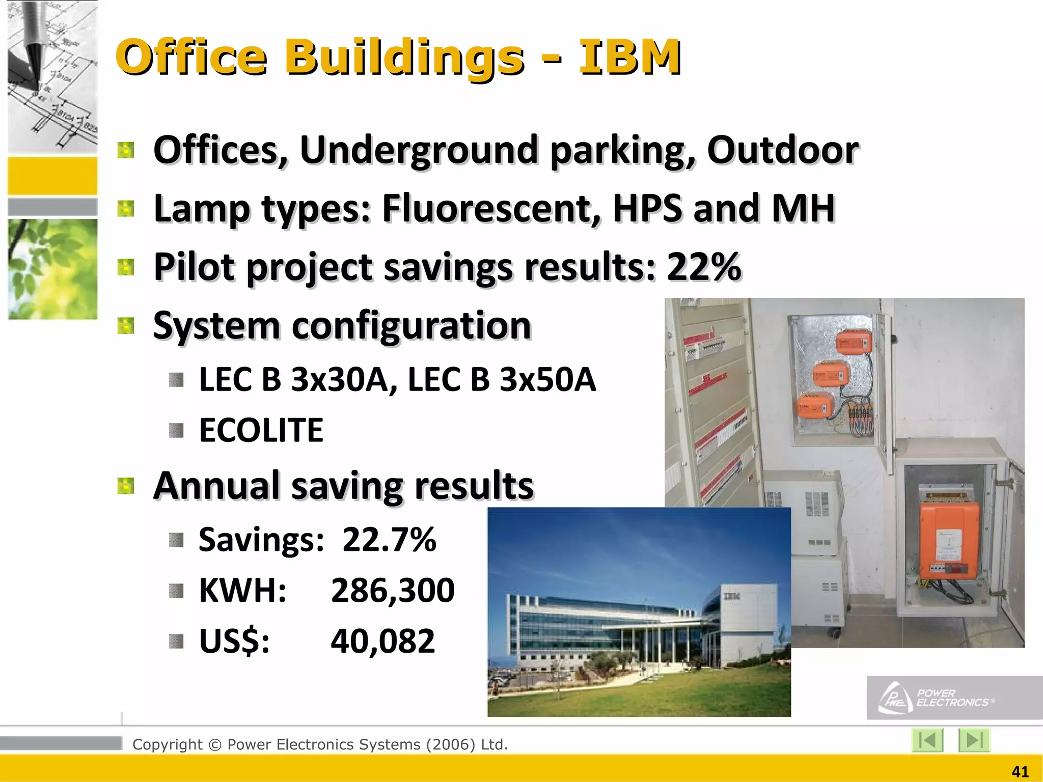 Office Buildings - IBM Offices, Underground parking, Outdoor Lamp types: Fluorescent, HPS and MH Pilot project savings results: 22% System configuration  LEC B 3x30A, LEC B 3x50A  ECOLITE Annual saving results Savings:  22.7% KWH:  286,300 US$:   40,082  