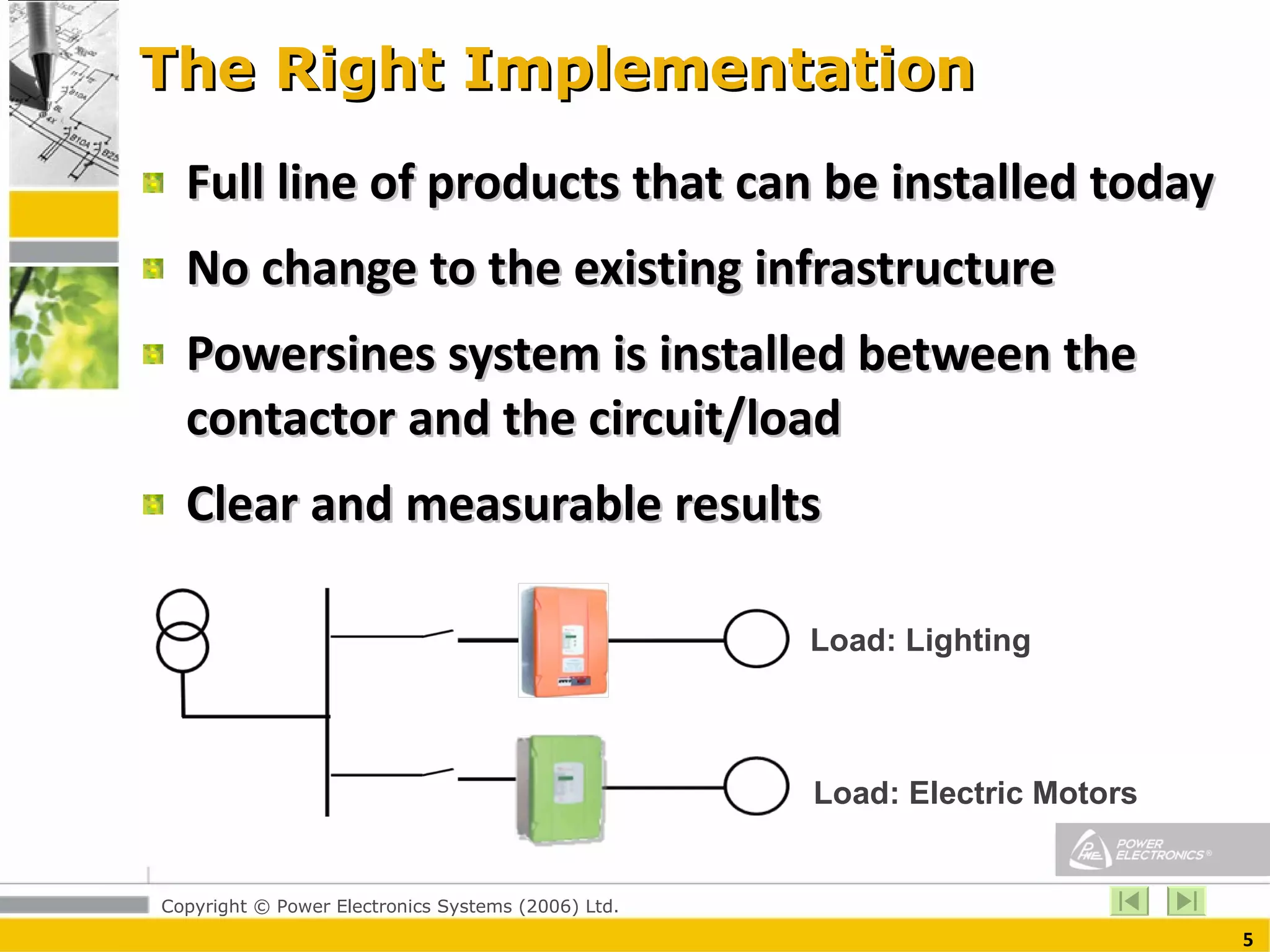 The Right Implementation Full line of products that can be installed today  No change to the existing infrastructure Powersines system is installed between the contactor and the circuit/load Clear and measurable results Load: Lighting Load: Electric Motors 