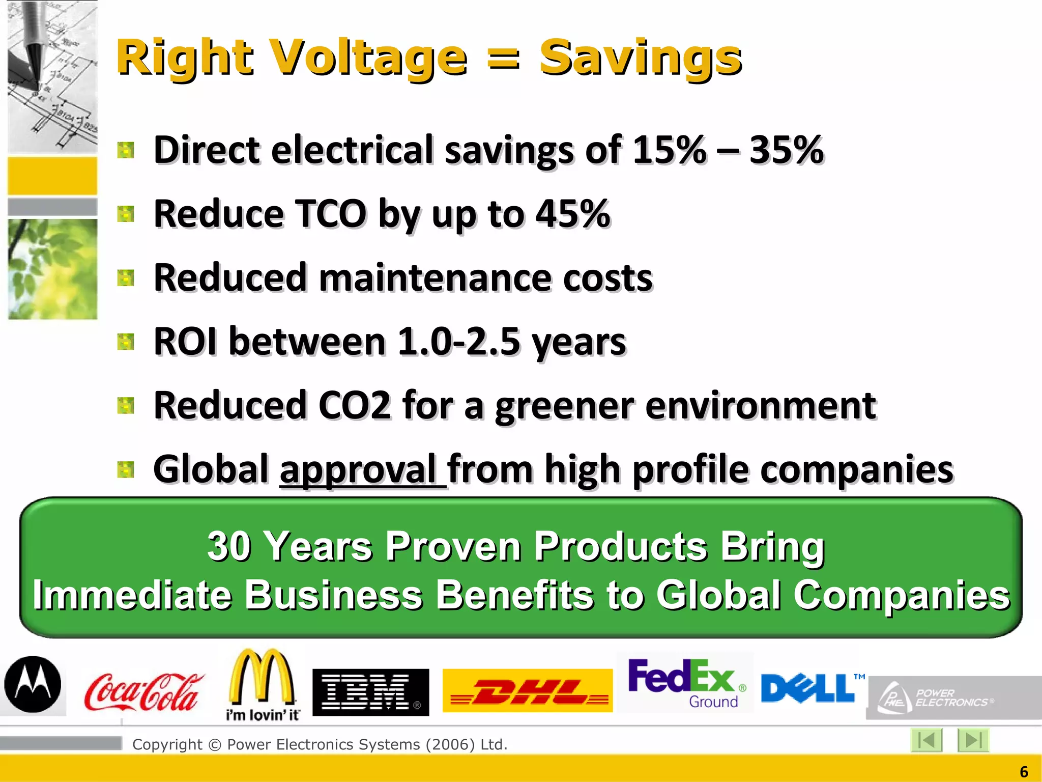 Right Voltage = Savings Direct electrical savings of 15% – 35%  Reduce TCO by up to 45% Reduced maintenance costs ROI between 1.0-2.5 years Reduced CO2 for a greener environment Global  approval  from high profile companies 30 Years Proven Products Bring  Immediate Business Benefits to Global Companies 