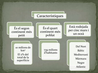 Característiques
És el quart
continent més
poblat
Està rodejada
per cinc mars i
un oceà
Del Nort
Bàltic
Mediterrani
Màrmara
Negre
Atlàntic
739 milions
d’habitants
És el segon
continent més
petit
10 milions de
km2
El 2% del
total de la
superfiície
 