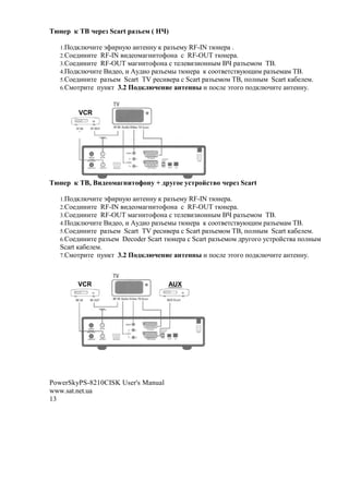 j!         j8       Scart    T $(       k)

     1.0$2, @A('# a>(1!7@ !'#!!7 , 1 Fb#*7 RF-IN '@!#1 .
     2.[$#2(!('# RF-IN (2#$* 8!('$>$! % RF-OUT '@!#1 .
     3.[$#2(!('# RF-OUT * 8!('$>$! % '# # (F($!!"* Cf 1 Fb#*$* BC.
     4.0$2, @A('# C(2#$, ( g72($ 1 Fb#*" '@!#1 , %$$' #'%' 7@O(* 1 Fb#* * BC.
     5.[$#2(!('# 1 Fb#* Scart TV 1#%( #1 % Scart 1 Fb#*$* BC, +$ !"* Scart , &# #*.
     6.[*$'1('# +7!,' 3.2       !                ( +$% # a'$8$ +$2, @A('# !'#!!7.


          VCR




j!         j8, 8     $ 1            +        1   #          Scart

     1.0$2, @A('# a>(1!7@ !'#!!7 , 1 Fb#*7 RF-IN '@!#1 .
     2.[$#2(!('# RF-IN (2#$* 8!('$>$! % RF-OUT '@!#1 .
     3.[$#2(!('# RF-OUT * 8!('$>$! % '# # (F($!!"* Cf 1 Fb#*$* BC.
     4.0$2, @A('# C(2#$, ( g72($ 1 Fb#*" '@!#1 , %$$' #'%' 7@O(* 1 Fb#* * BC.
     5.[$#2(!('# 1 Fb#* Scart TV 1#%( #1 % Scart 1 Fb#*$* BC, +$ !"* Scart , &# #*.
     6.[$#2(!('# 1 Fb#* Decoder Scart '@!#1 % Scart 1 Fb#*$* 2178$8$ 7%'1$?%' +$ !"*
     Scart , &# #*.
     7.[*$'1('#  +7!,' 3.2      !                ( +$% # a'$8$ +$2, @A('# !'#!!7.



          VCR                            AUX




PowerSkyPS-8210CISK User's Manual
www.sat.net.ua
13
 