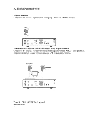 3.2 0$2, @A#!(# !'#!!"

1.(   #
[$#2(!('# Cf , &# #* %+7'!(,$ "? ,$! #1'$1 % 1 Fb#*$* LNB IN '@!#1 .




            Dish




2.     !              ,                DiseqC       !      ,
[$#2(!('# Cf , &# #* %$$' #'%' 7@O(# N$2 +#1#, @A '# .( g,C,[) % ,$! #1'$1 *(.
0$2, @A('# "N$2 DiseqC +#1#, @A '# . % LNB IN 1 Fb#*$* '@!#1 .




               Analog Dishi


                                    Fixed Qishz
                                    (Analog)




PowerSkyPS-8210CISK User's Manual
www.sat.net.ua
14
 