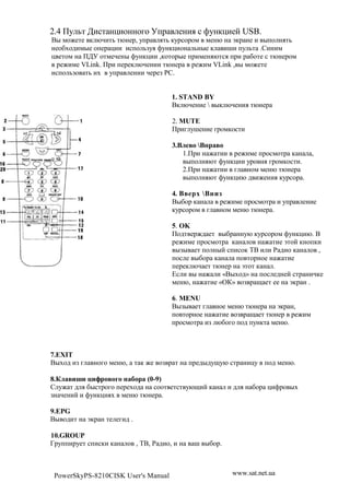 2.4 07 3' ;(%' !-($!!$8$ <+1           #!(. % >7!,-(#? USB.
C" *$M#'# , @A('3 '@!#1, 7+1 .'3 ,71%$1$* *#!@ ! a,1 !# ( "+$ !.'3
!#$&N$2(*"# $+#1 -(( (%+$ 3F7. >7!,-($! 3!"# , (H( +7 3' .[(!(*
- #'$* ! 0;< $'*#A#!" >7!,-(( ,,$'$1"# +1(*#!.@'%. +1( 1 &$'# % '@!#1$*
 1#M(*# VLink. 01( +#1#, @A#!(( '@!#1 1#M(* VLink , " *$M#'#
(%+$ 3F$ '3 (N 7+1 #!(( A#1#F PC.


                                     1. STAND BY
                                     C, @A#!(#  ", @A#!(. '@!#1

                                     2. MUTE
                                     01(8 7H#!(# 81$*,$%'(

                                     3.8       8
                                           1.01( ! M '(( 1#M(*# +1$%*$'1 , !     ,
                                            "+$ !.@' >7!,-(( 71$ !. 81$*,$%'(.
                                           2.01( ! M '(( 8 !$* *#!@ '@!#1
                                            "+$ !.@' >7!,-(@ 2 (M#!(. ,71%$1 .

                                     4. 8     8
                                     C"&$1 , !       1#M(*# +1$%*$'1 ( 7+1     #!(#
                                     ,71%$1$* 8      !$* *#!@ '@!#1 .

                                     5. OK
                                     0$2' #1M2 #' "&1 !!7@ ,71%$1$* >7!,-(@. C
                                     1#M(*# +1$%*$'1 , ! $ ! M '(# a'$? ,!$+,(
                                      "F" #' +$ !"? %+(%$, BC ( ( : 2($ , ! $ ,
                                     +$% # "&$1 , !     +$ '$1!$# ! M '(#
                                     +#1#, @A #' '@!#1 ! a'$' , ! .
                                     m% ( " ! M ( «C"N$2» ! +$% #2!#? %'1 !(A,#
                                     *#!@, ! M '(# «R)» $F 1 O #' ## ! a,1 ! .

                                     6. MENU
                                     C"F" #' 8 !$# *#!@ '@!#1 ! a,1 !,
                                     +$ '$1!$# ! M '(# $F 1 O #' '@!#1 1#M(*
                                     +1$%*$'1 (F @&$8$ +$2 +7!,' *#!@.



7.EXIT
C"N$2 (F 8   !$8$ *#!@, ' , M# $F 1 ' ! +1#2"27O7@ %'1 !(-7 +$2 *#!@.

8.*    f           1         (0-9)
[ 7M ' 2 . &"%'1$8$ +#1#N$2 ! %$$' #'%' 7@O(? , !       ( 2 . ! &$1 -(>1$ "N
F! A#!(? ( >7!,-(.N *#!@ '@!#1 .

9.EPG
C" $2(' ! a,1 ! '# #8(2 .

10.GROUP
 17++(17#' %+(%,( , ! $ , BC, : 2($, ( !      H "&$1.



 PowerSkyPS-8210CISK User's Manual                       www.sat.net.ua
 