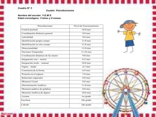 Cuadro N° 3
                             Cuadro Psicofunciones

Nombre del escolar: Y.E.M.S
Edad cronológica: 11años y 0 meses


                     Psicofunciones              Nivel de Funcionamiento
   Control postural                                     10-0 mes
   Coordinación dinámica general                        9-0 mes
   Lateralidad                                          9-0 mes
   Identificación propio cuerpo                         11-0 mes
   Identificación en otro cuerpo                        11-0 mes
   Direccionalidad                                      11-0 mes
   Nociones Temporales                                 11-10 mes
   Coordinación dinámica de las manos                   9-0 mes
   Integración viso – motriz                            6-2 mes
   Integración óculo – manual                           10-0 mes
   Figura – fondo                                       4-3 mes
   Constancia de la forma                               6-9 mes
   Posición en el espacio                               7-0 mes
   Relaciones espaciales                                6-0 mes
   Memoria Visual                                       8-0 mes
   Discriminación Auditiva                              11-0 mes
   Memoria auditiva de palabras                         8-0 mes
   Memoria Auditiva de dígitos                          10-0 mes
   Lectura                                              1er grado
  Escritura                                            2do grado

  Calculo                                               2do grado
 