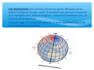* LOS MERIDIANOS: Son semicircunferencias iguales dibujadas en los 
globos terráqueos de polo a polo. El meridiano que pasa por Greenwich 
es el meridiano cero. Indica la longitud, o distancia al meridiano cero, de 
un punto de la superficie. 
* Cualquier lugar de la superficie terrestre se pude identificar a partir de 
sus coordenadas geográficas. 
