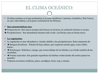 EL CLIMA OCEÁNICO:
 El clima oceánico es el que predomina en la zona cantábrica ( Asturias, Cantabria y País Vasco),
en casi toda Galicia y en la parte occidental de los Pirineos.
 Sus características son:
 Temperaturas: Son suaves aunque más frescas en invierno, la oscilación térmica es escasa.
 Precipitaciones: Son abundantes durante todo el año. Las lluvias caen en forma suave.
 La vegetación:
 La vegetación es muy abundante y variada, debido a las precipitaciones. Está compuesta de:
  Bosques frondosos: Árboles de hoja caduca, que requieren mucha agua, como robles,
hayas…
  Sotobosque: Helechos y musgo, que crecen debajo de los árboles y en el lado sombrío de las
montañas.
  Prados naturales: Son grandes superficies de hierbas verdes donde ahí suelen pastar los
ganados.
 Podemos encontrar coníferas, pinos, eucaliptos, brezo, tojo y retama.
 