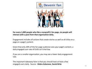 42
For every 1,000 people who like a nonprofit’s fan page, six people will
interact with a post from that organization dai...