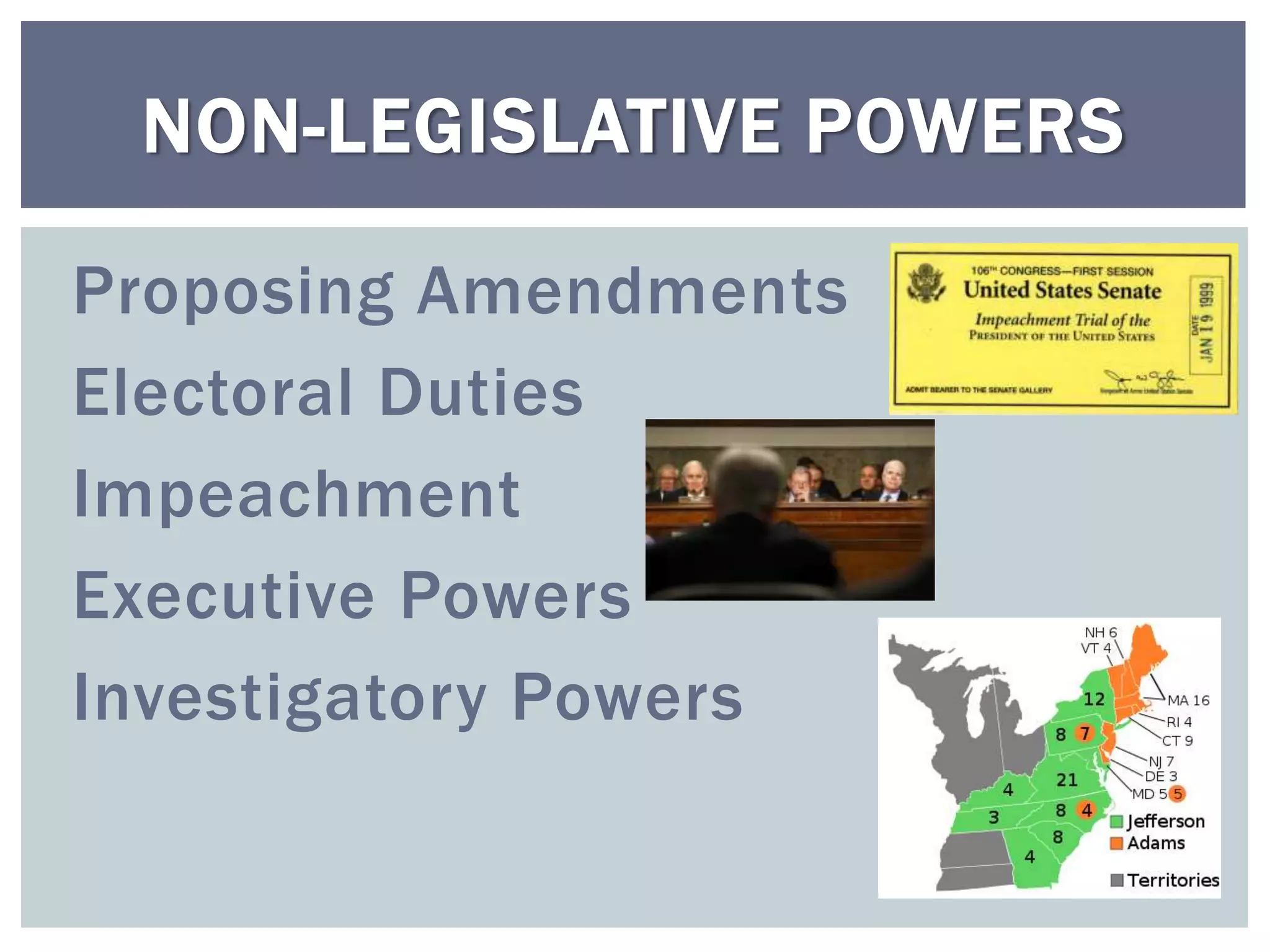 NON-LEGISLATIVE POWERS

Proposing Amendments
Electoral Duties
Impeachment
Executive Powers
Investigatory Powers
 