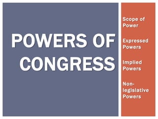 Scope of
            Power


POWERS OF   Expressed
            Powers



 CONGRESS   Implied
            Powers

            Non-
            legislative
            Powers
 