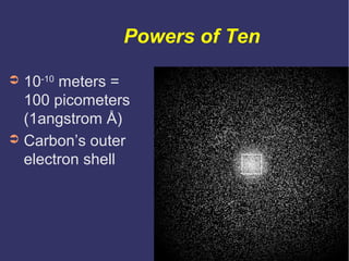 Powers of Ten

➲ 10-10 meters =
  100 picometers
  (1angstrom Å)
➲ Carbon’s outer
  electron shell
 