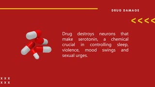 Drug destroys neurons that
make serotonin, a chemical
crucial in controlling sleep,
violence, mood swings and
sexual urges.
 