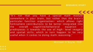 “It’s not that you have a special math module
somewhere in your brain, but rather that the brain’s
particular function organization- which allows right
hemisphere contributions to be better integrated into
the overall cognitive/behavioral equation –
predisposes it towards the use of high- level imagery
and spatial skills, which in turn happen to be very
useful when it comes to doing math reasoning.”
-Michael O’Boyle, PhD
 