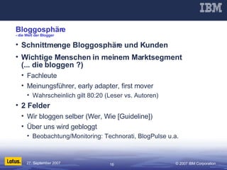 Bloggosphäre - die Welt der Blogger Schnittmenge Bloggosphäre und Kunden Wichtige Menschen in meinem Marktsegment (... die bloggen ?) Fachleute Meinungsführer, early adapter, first mover Wahrscheinlich gilt 80:20 (Leser vs. Autoren) 2 Felder Wir bloggen selber (Wer, Wie [Guideline]) Über uns wird gebloggt Beobachtung/Monitoring: Technorati, BlogPulse u.a. 